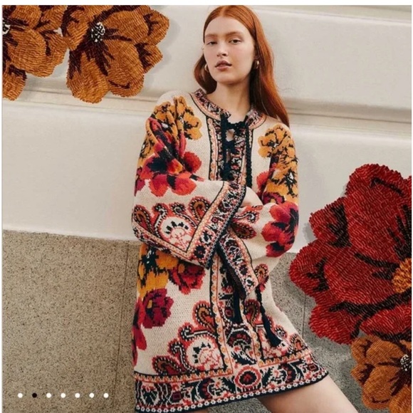 FARM Rio Sweaters - Farm Rio Winter Tapestry Knit Sweater dress flare sleeves hippie retro wool